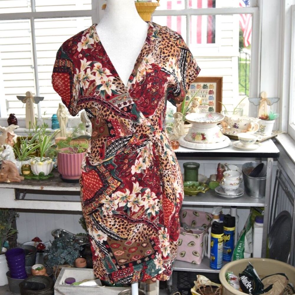 Dawn Joy Fashions Y2K Patchwork Animal Print Faux Wrap Dress Womens S